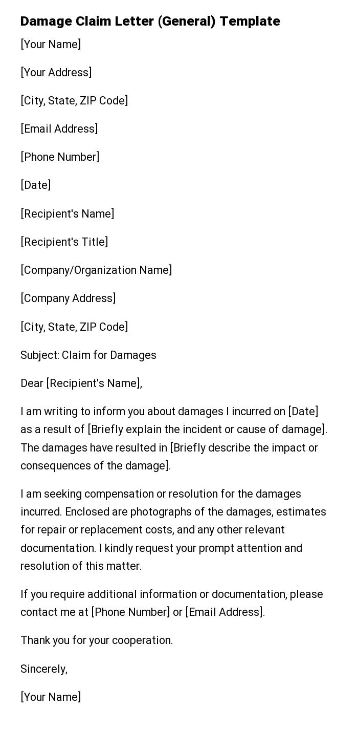 Damage Claim Letter (General) Template