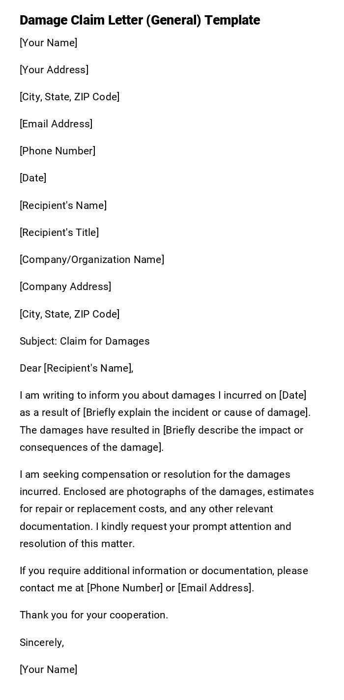 Damage Claim Letter (General) Template