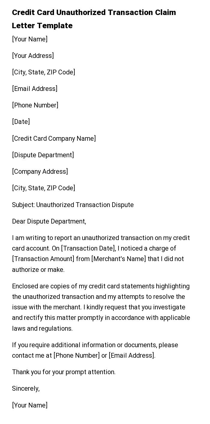 Credit Card Unauthorized Transaction Claim Letter Template