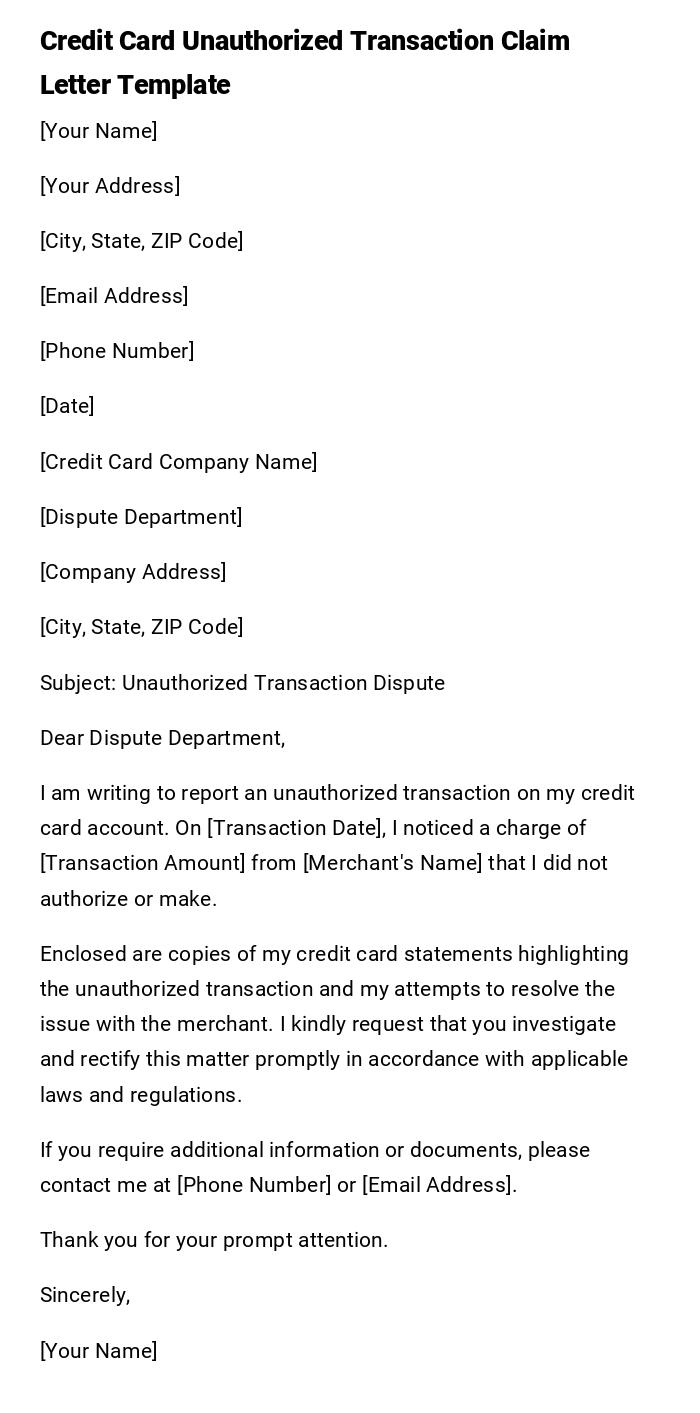 Credit Card Unauthorized Transaction Claim Letter Template