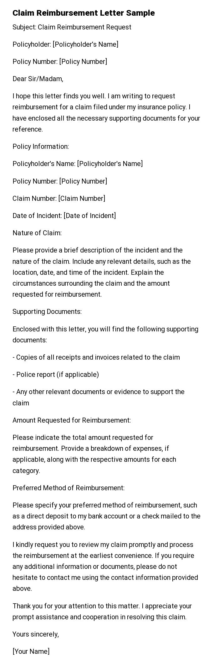 Claim Reimbursement Letter Sample