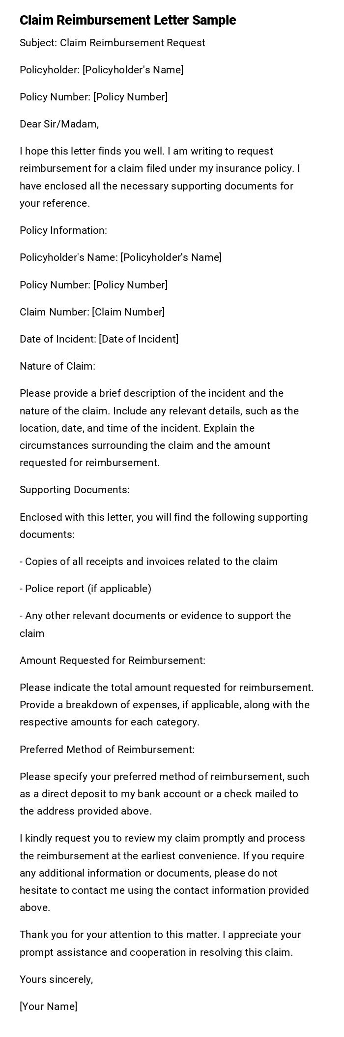 Claim Reimbursement Letter Sample