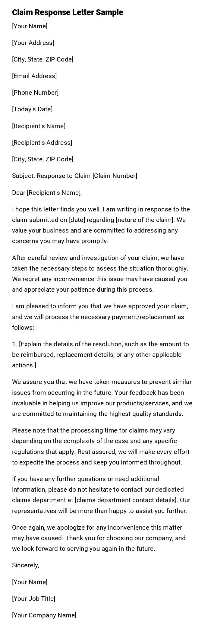 Claim Response Letter Sample