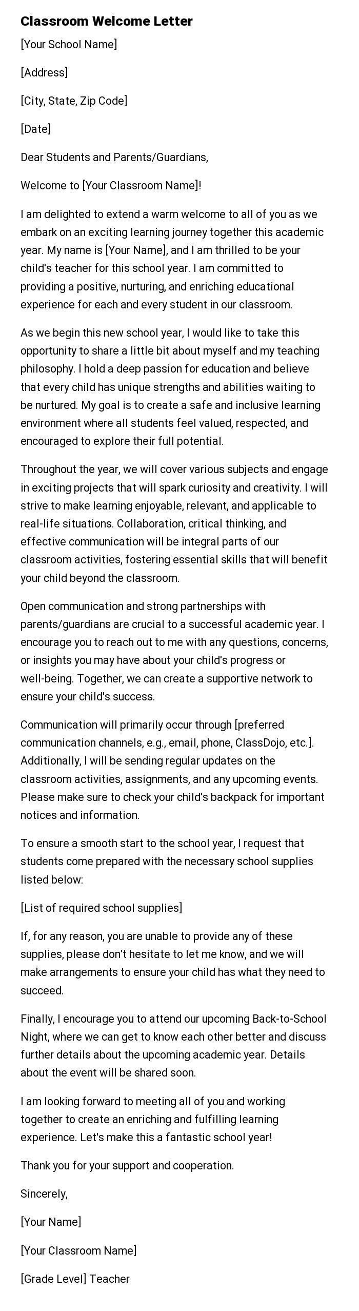 Classroom Welcome Letter