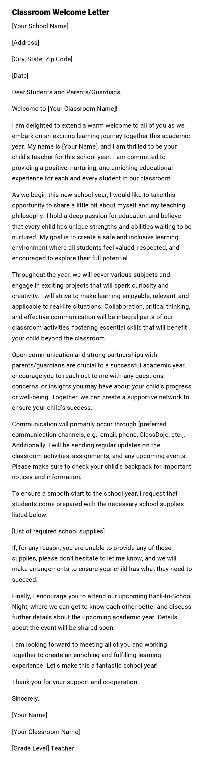 Classroom Welcome Letter