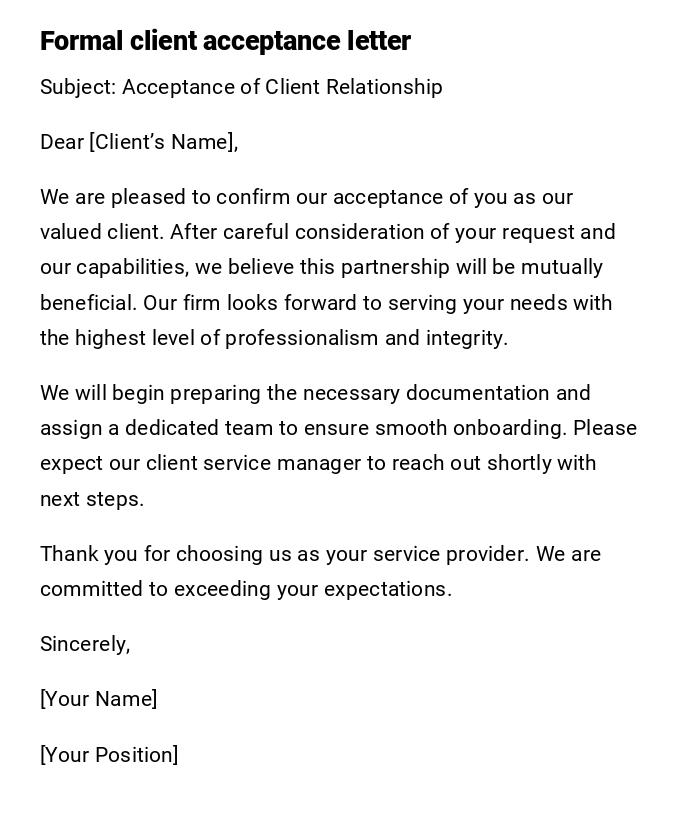 Formal client acceptance letter