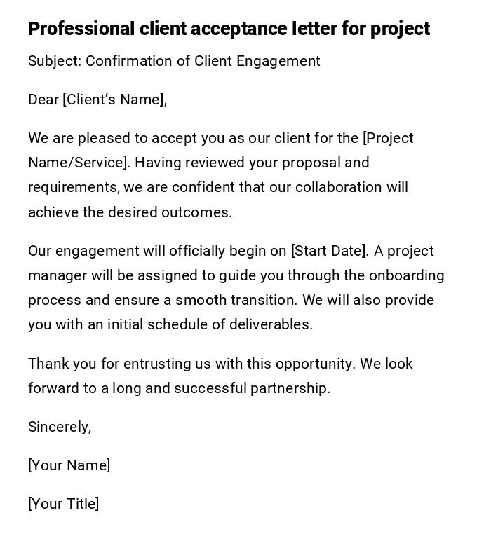 Professional client acceptance letter for project