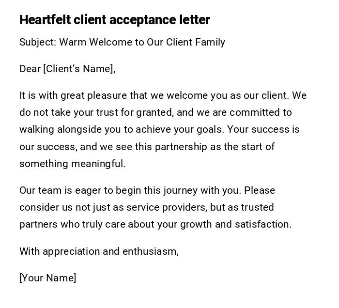 Heartfelt client acceptance letter
