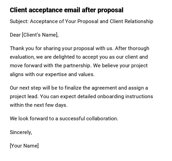 Client acceptance email after proposal