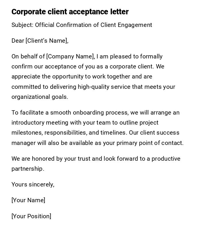 Corporate client acceptance letter