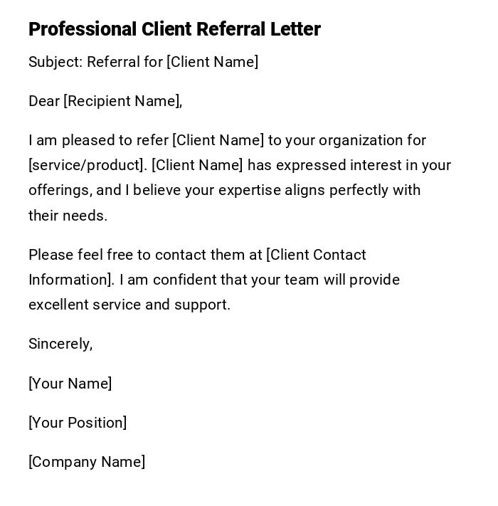 Professional Client Referral Letter Professional Client Referral Letter