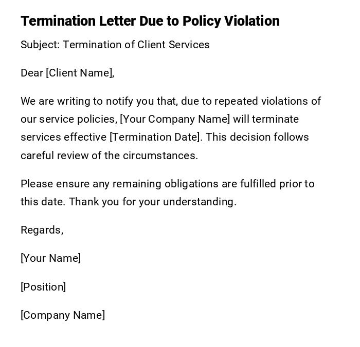 Termination Letter Due to Policy Violation Termination Letter Due to Policy Violation
