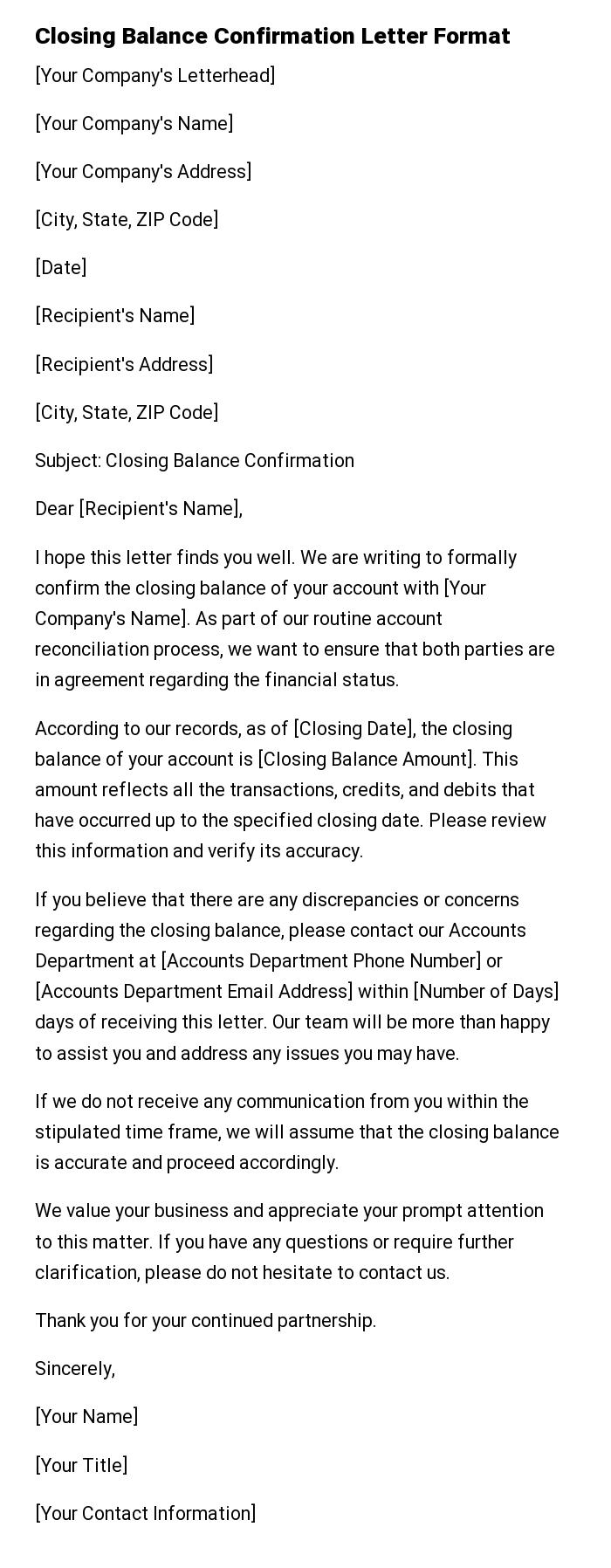 Closing Balance Confirmation Letter Format