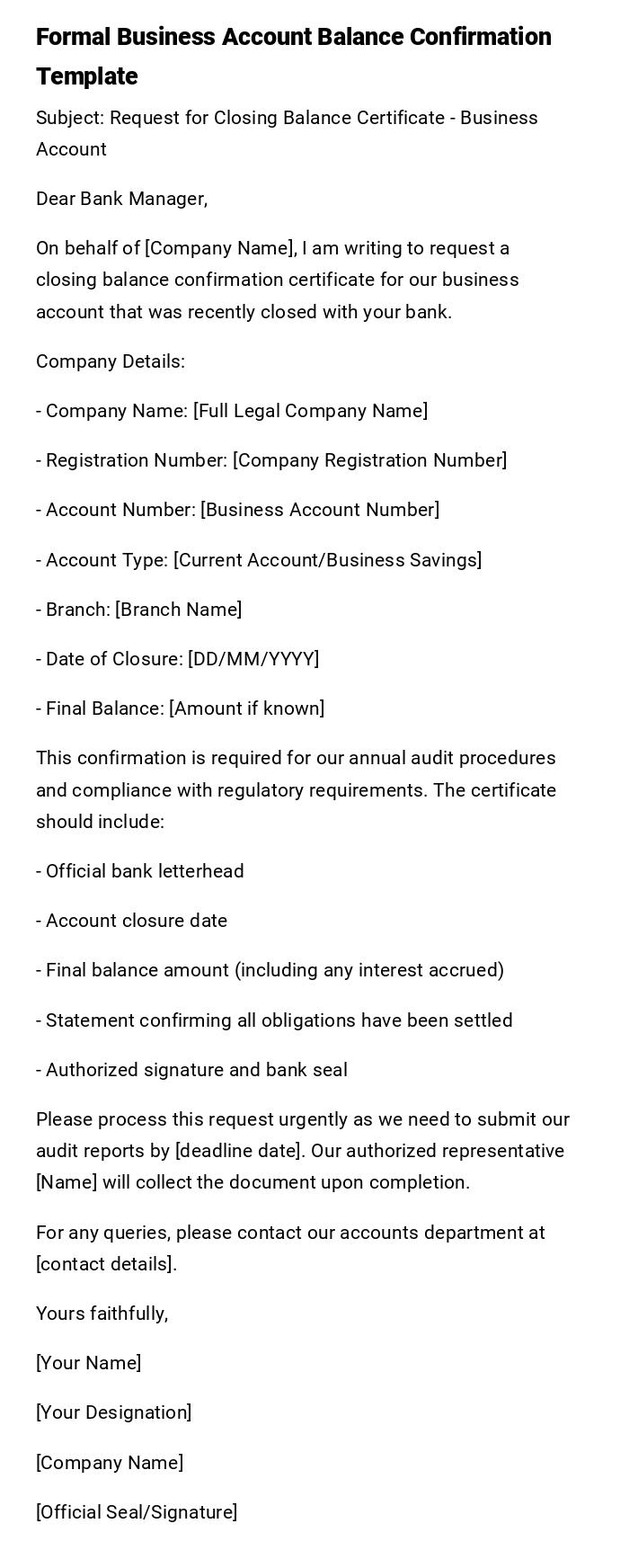 Formal Business Account Balance Confirmation Template Formal Business Account Balance Confirmation Template