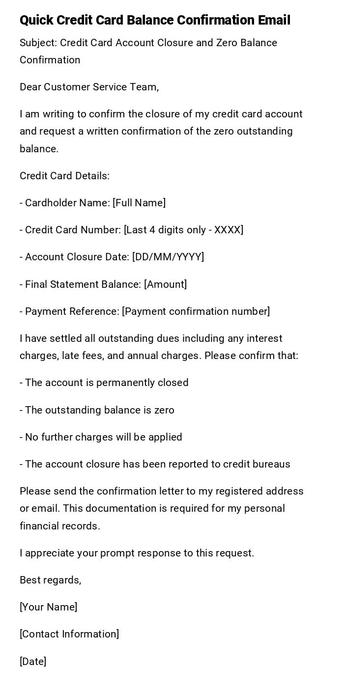Quick Credit Card Balance Confirmation Email Quick Credit Card Balance Confirmation Email