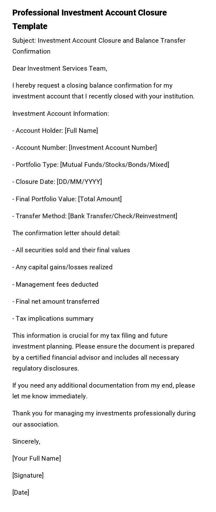 Professional Investment Account Closure Template Professional Investment Account Closure Template