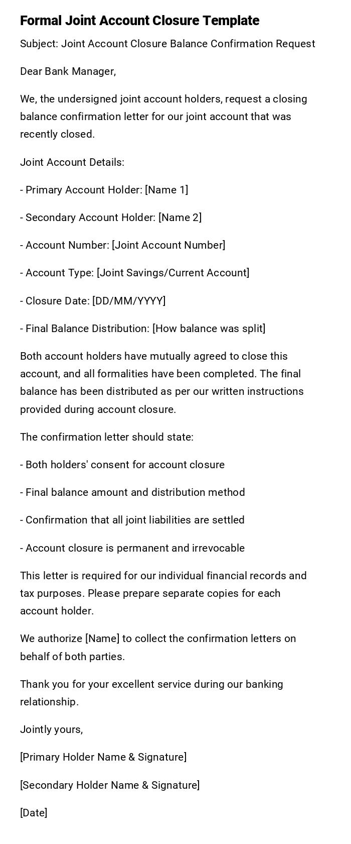 Formal Joint Account Closure Template Formal Joint Account Closure Template