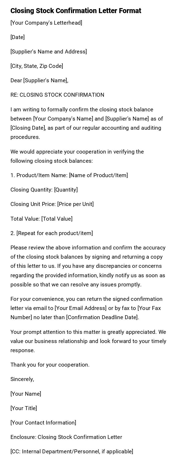 Closing Stock Confirmation Letter Format