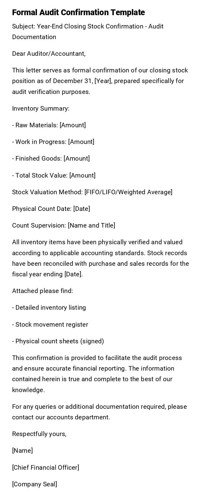 Formal Audit Confirmation Template Formal Audit Confirmation Template