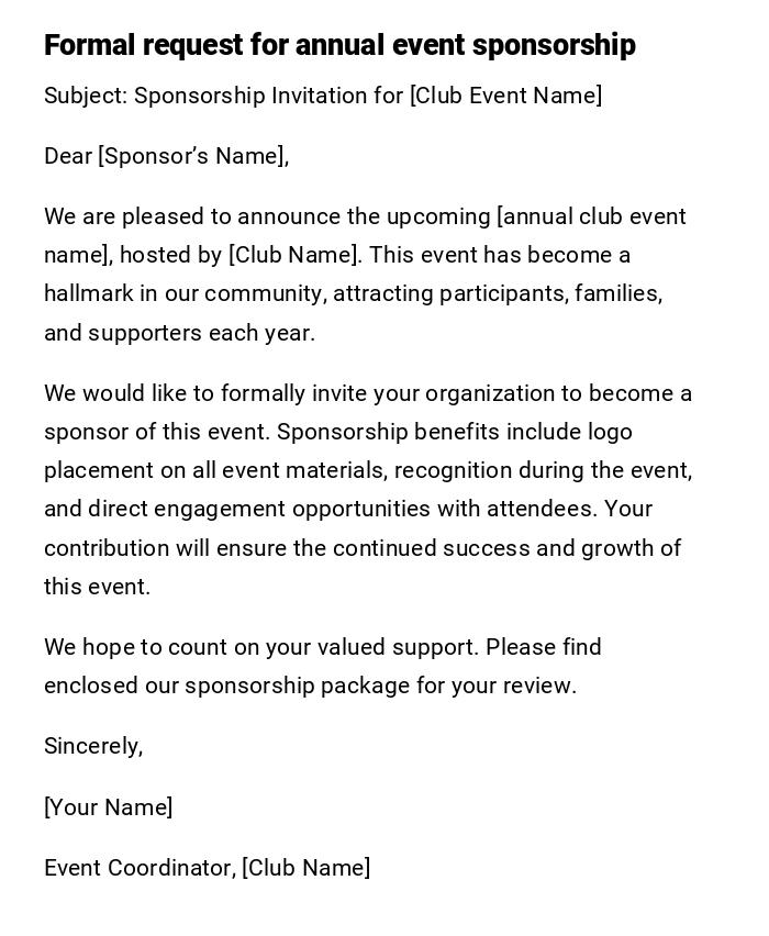 Formal request for annual event sponsorship Formal request for annual event sponsorship