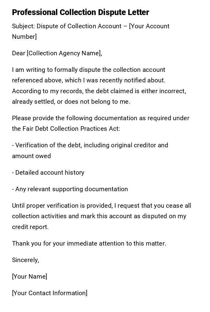 Professional Collection Dispute Letter