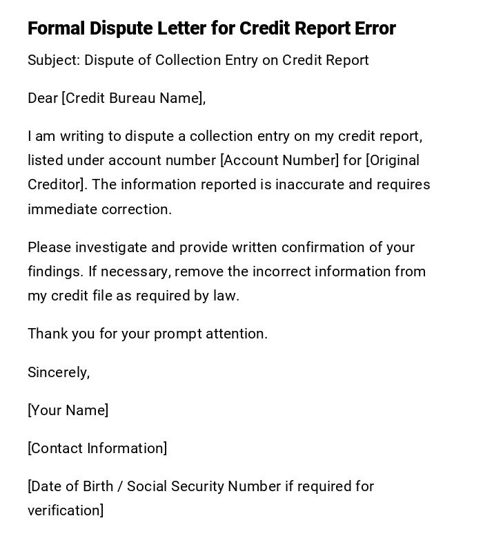 Formal Dispute Letter for Credit Report Error