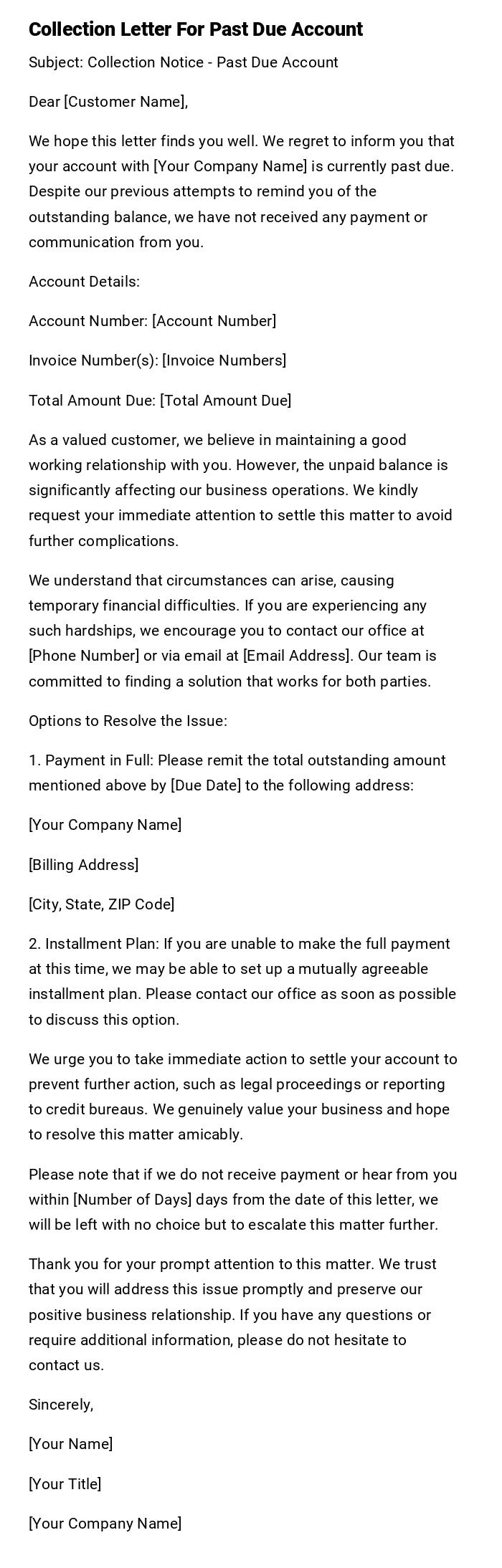 Collection Letter For Past Due Account