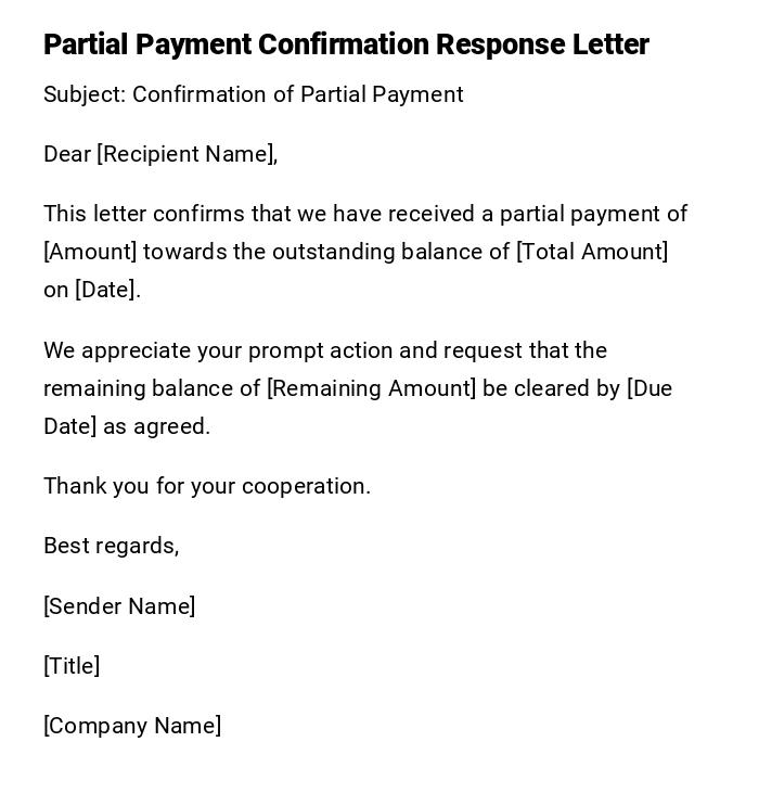Partial Payment Confirmation Response Letter