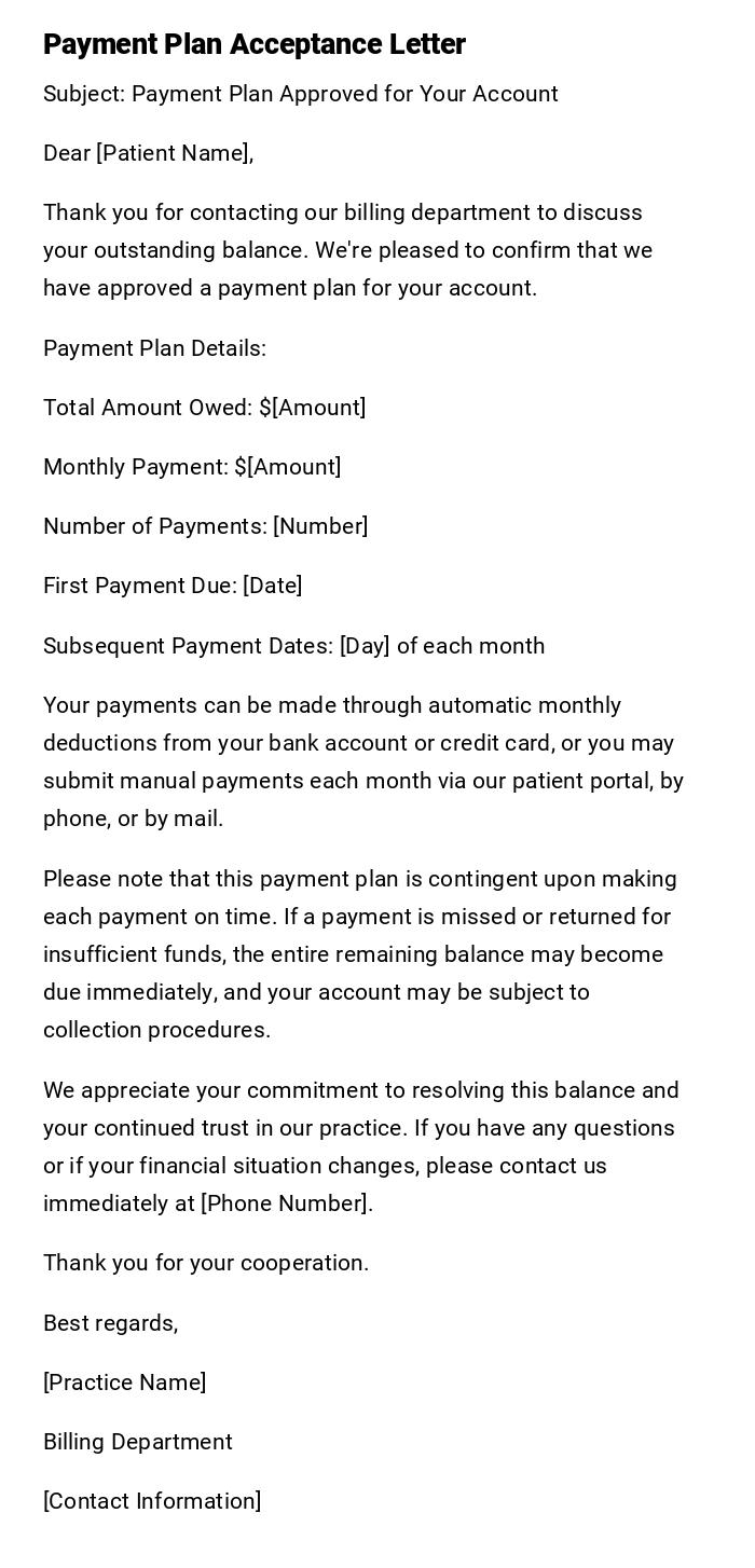 Payment Plan Acceptance Letter