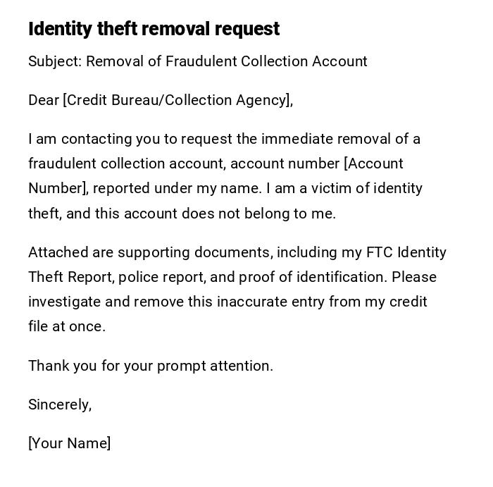 Identity theft removal request