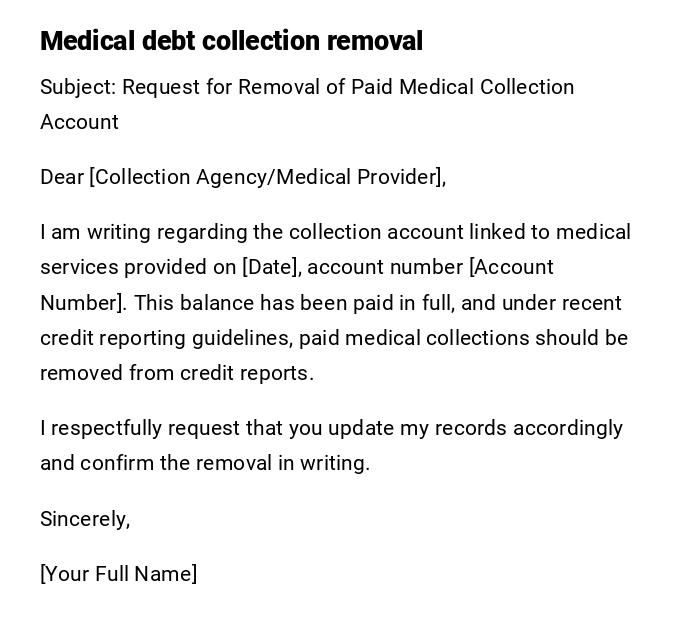 Medical debt collection removal
