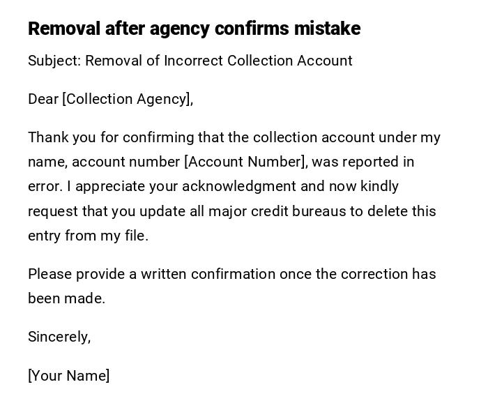 Removal after agency confirms mistake