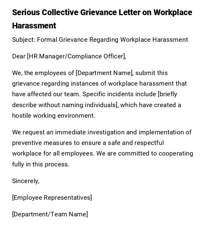 Serious Collective Grievance Letter on Workplace Harassment Serious Collective Grievance Letter on Workplace Harassment