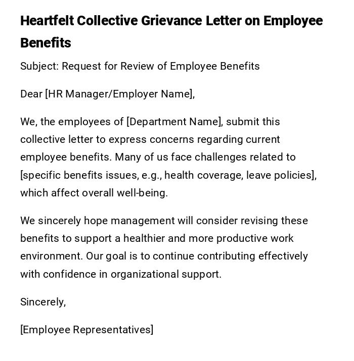 Heartfelt Collective Grievance Letter on Employee Benefits Heartfelt Collective Grievance Letter on Employee Benefits