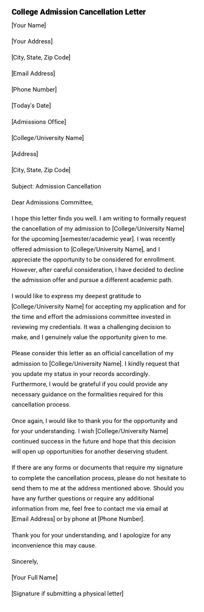 College Admission Cancellation Letter