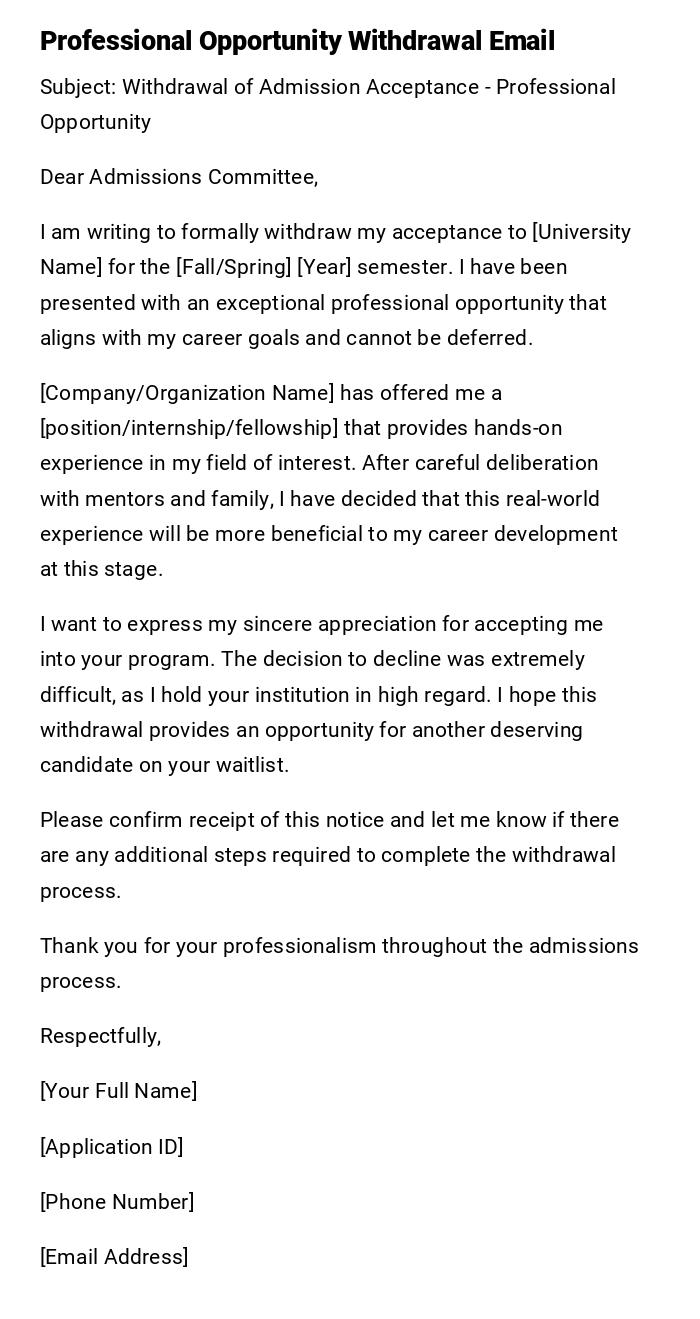Professional Opportunity Withdrawal Email Professional Opportunity Withdrawal Email