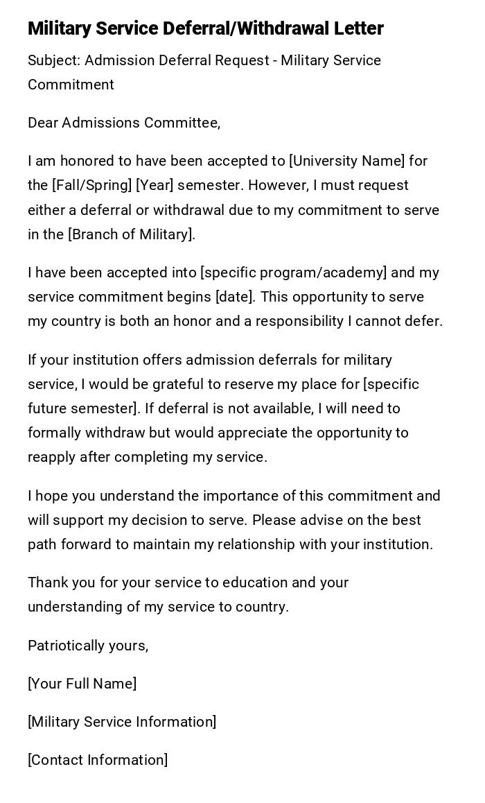 Military Service Deferral/Withdrawal Letter Military Service Deferral/Withdrawal Letter