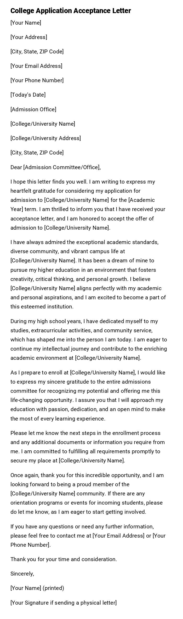 College Application Acceptance Letter