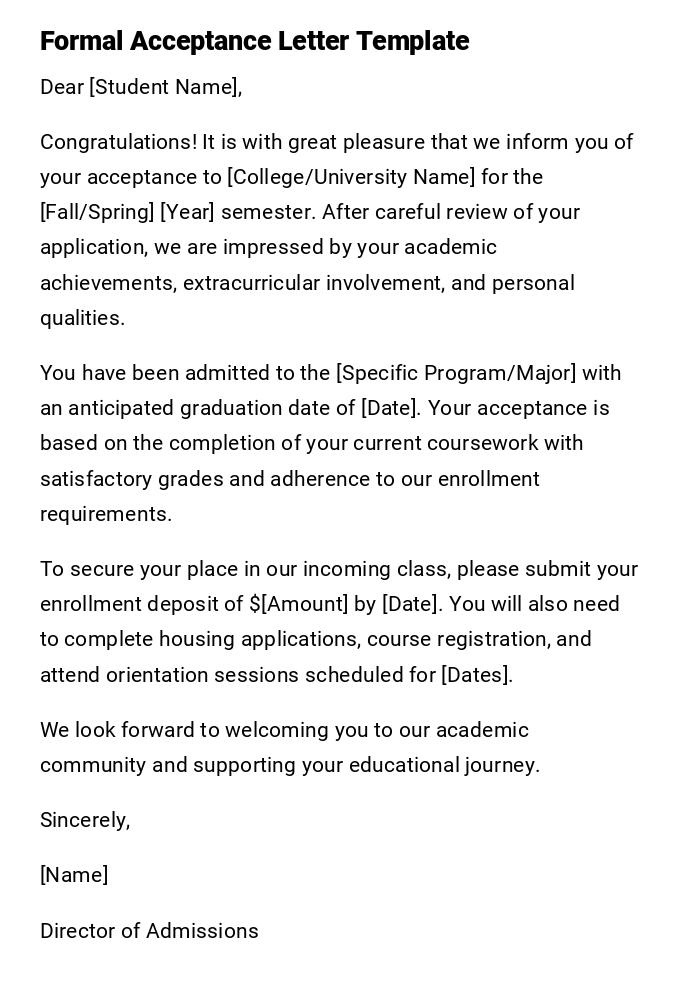 Formal Acceptance Letter Template Formal Acceptance Letter Template