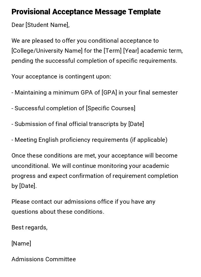 Provisional Acceptance Message Template Provisional Acceptance Message Template
