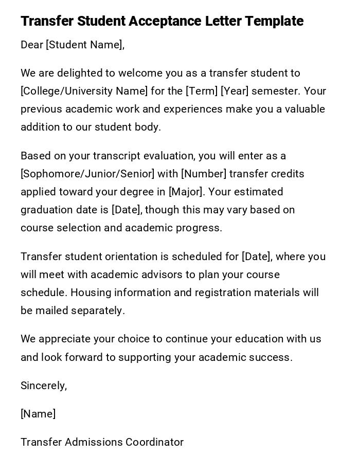 Transfer Student Acceptance Letter Template Transfer Student Acceptance Letter Template