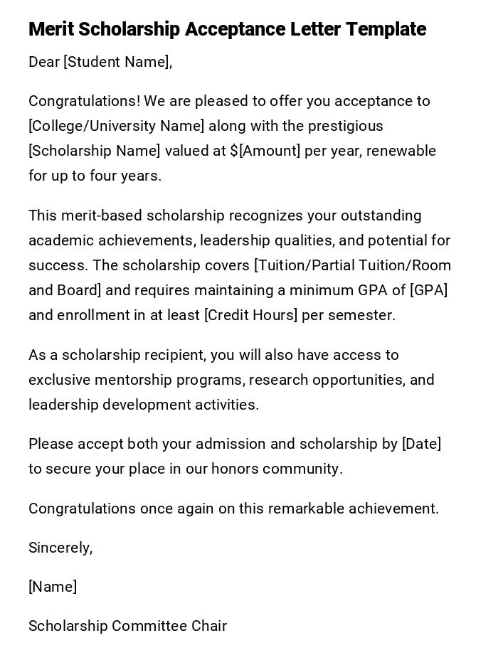 Merit Scholarship Acceptance Letter Template Merit Scholarship Acceptance Letter Template