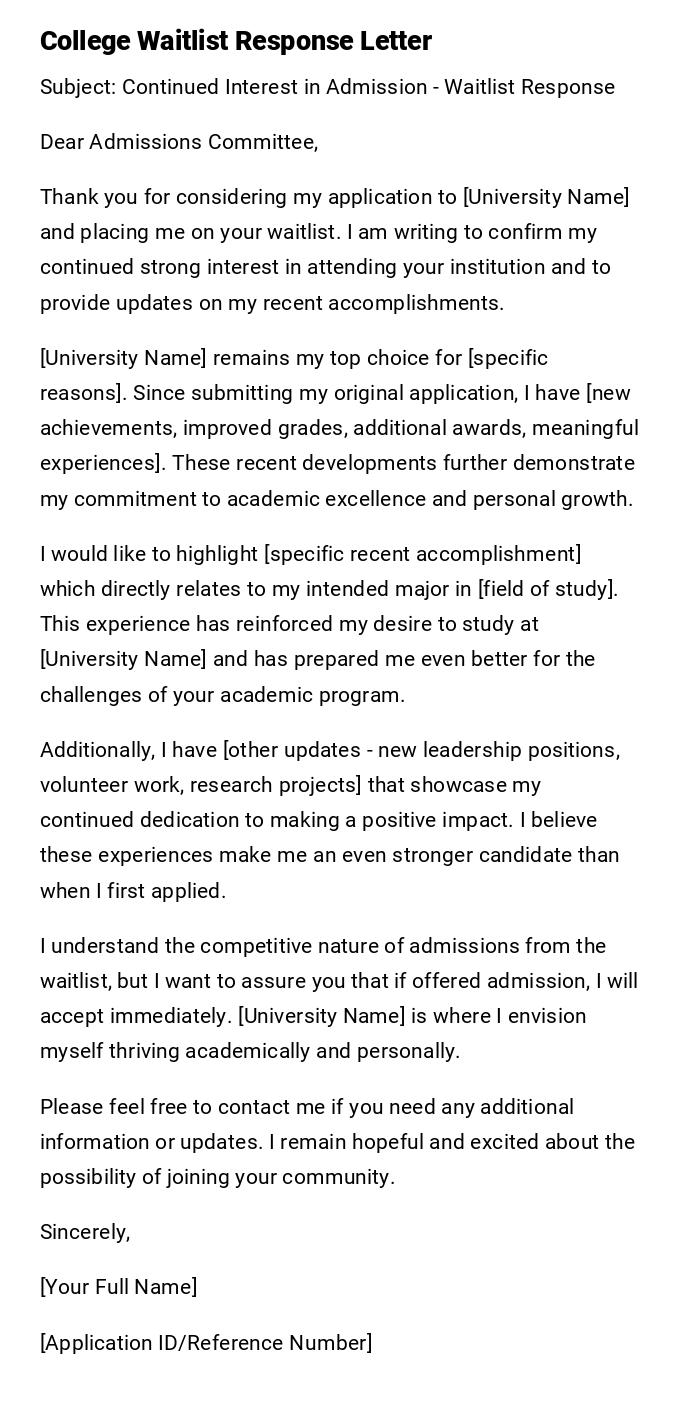 College Waitlist Response Letter College Waitlist Response Letter