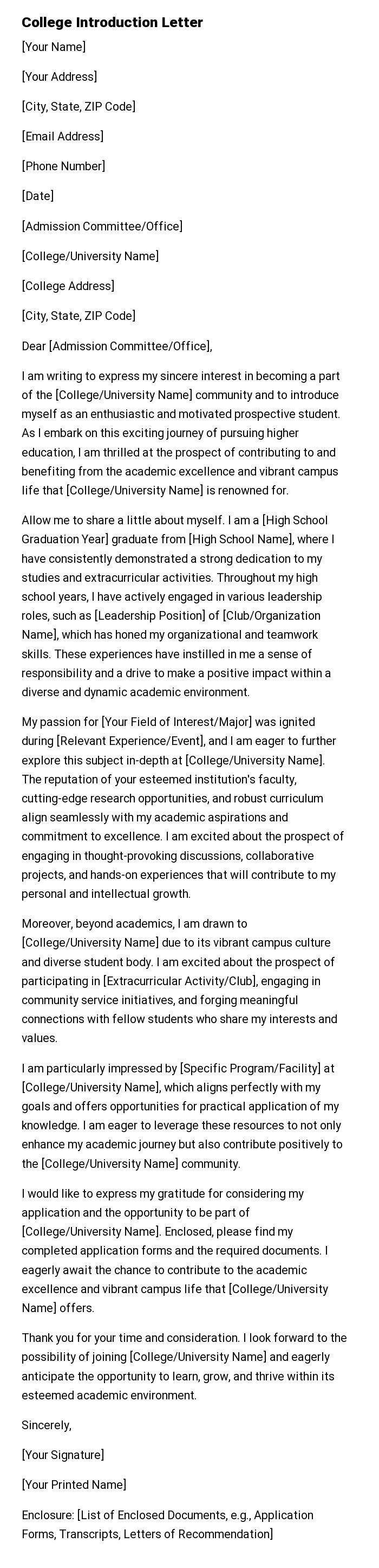 College Introduction Letter