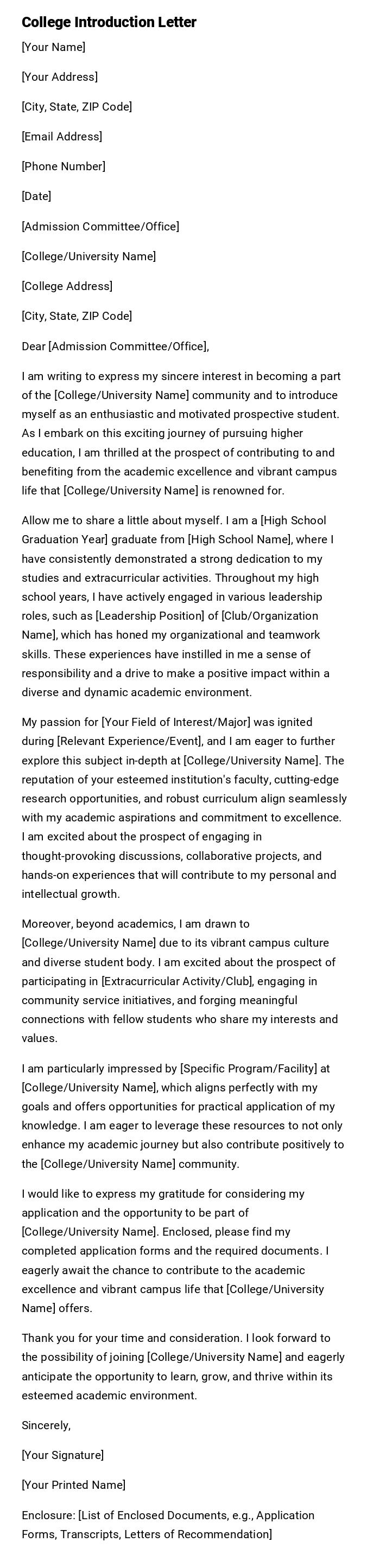 College Introduction Letter