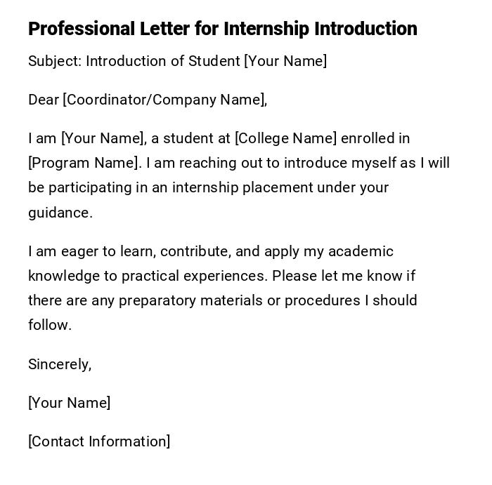 Professional Letter for Internship Introduction Professional Letter for Internship Introduction