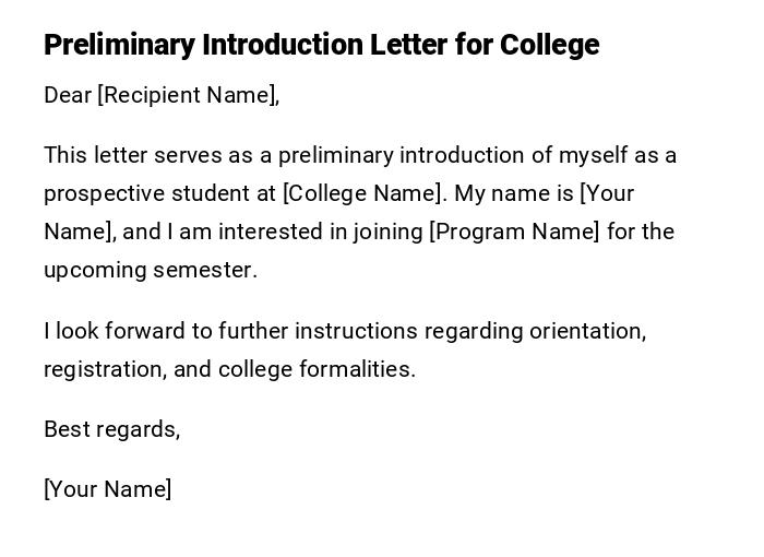 Preliminary Introduction Letter for College Preliminary Introduction Letter for College
