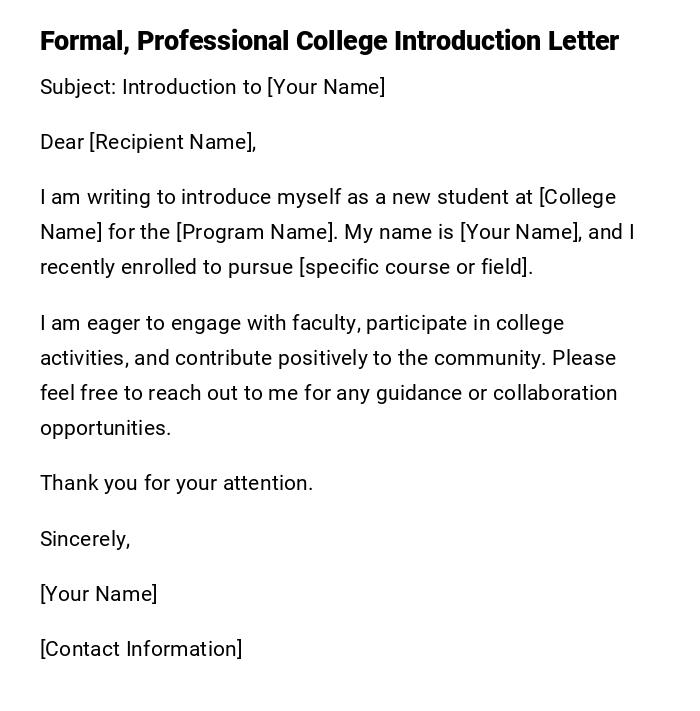 Formal, Professional College Introduction Letter Formal, Professional College Introduction Letter