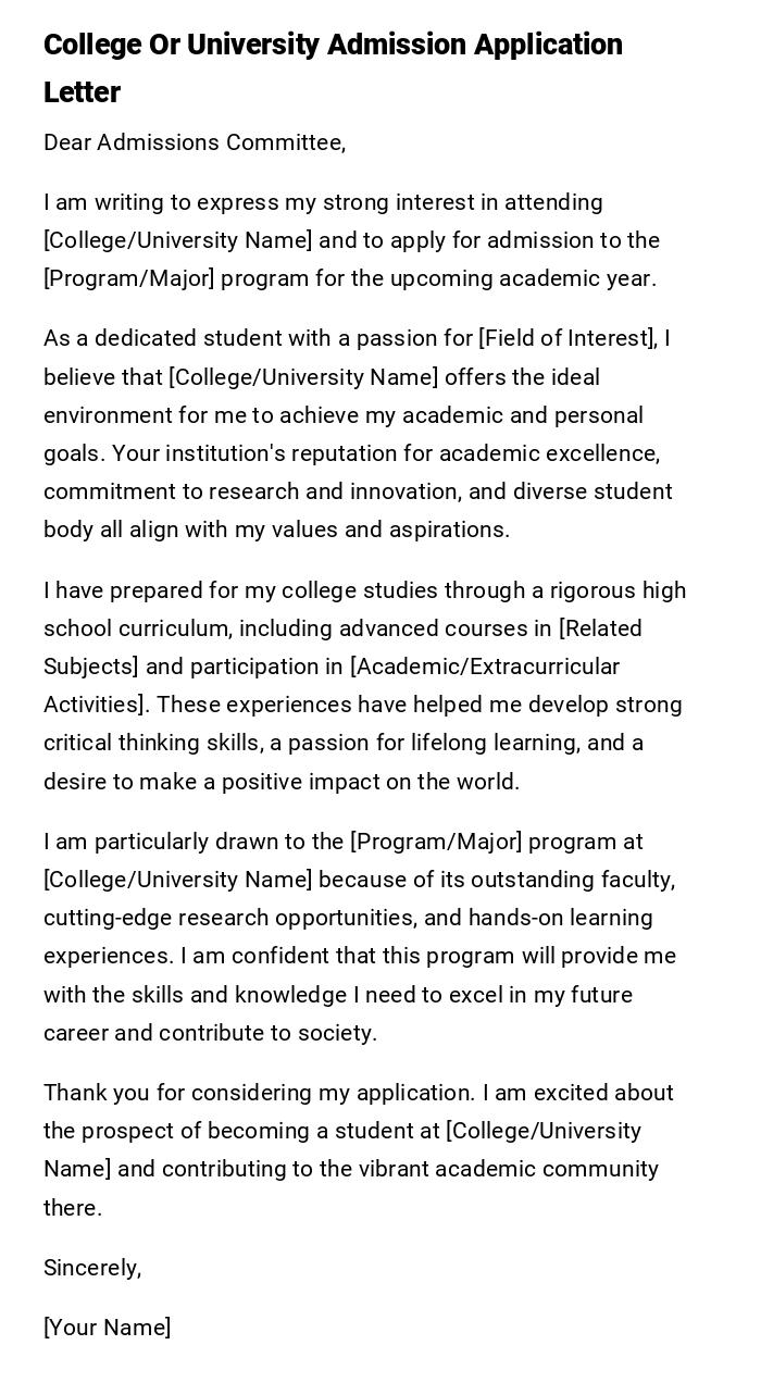 College Or University Admission Application Letter College Or University Admission Application Letter
