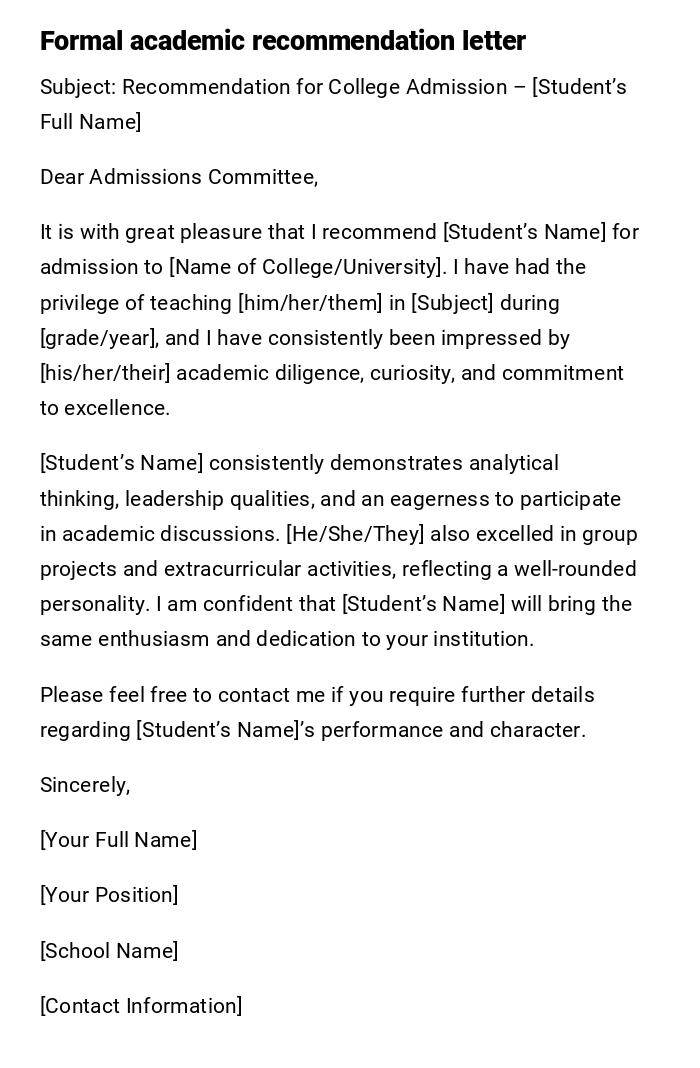 Formal academic recommendation letter